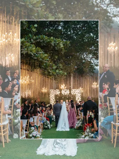 A beautiful shot from behind, showing the bride and her parents walking down the aisle towards the stunningly decorated altar.