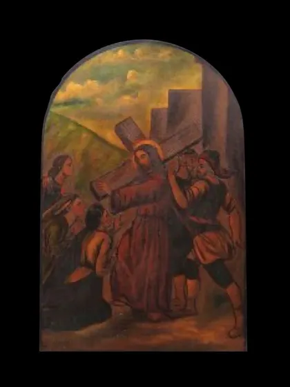 A clearer view of one of the eight paintings from the 'Way of the Cross' series. The detail in the figures and the emotional weight of the scene are evident even after more than 170 years.