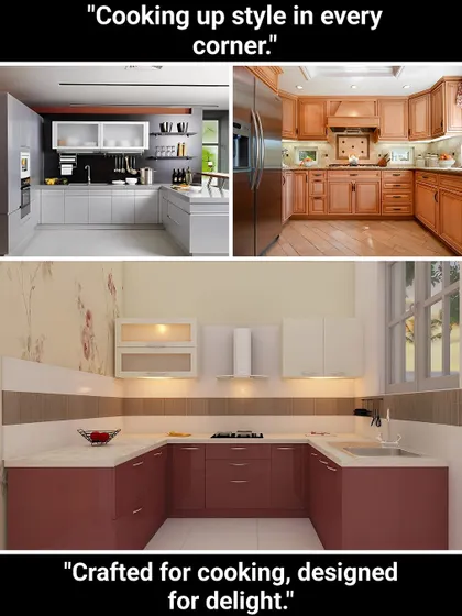 This collage shows three different kitchen styles, from a modern U-shaped design in burgundy to a traditional wood kitchen. It shows my versatility in creating spaces that match my clients' tastes.