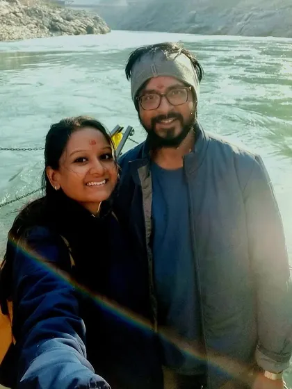A travel selfie of Harikrishna and Akanksha by the water. Their anniversary celebration is a testament to the enduring love that started with a connection on our platform.