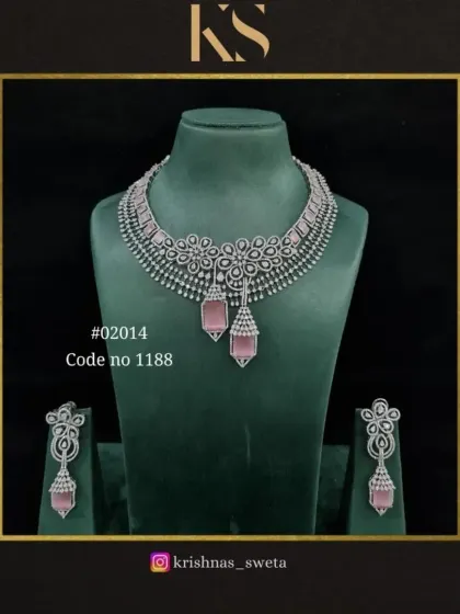 A premium American Diamond bridal set with a floral-inspired design and soft pink drops.