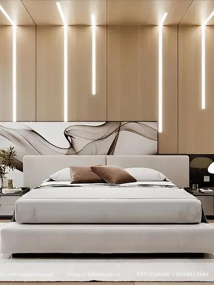 A bright and airy bedroom design featuring a light wood accent wall with integrated vertical LED strips. The room includes a minimalist bed and a sleek, modern desk, perfect for a contemporary lifestyle.