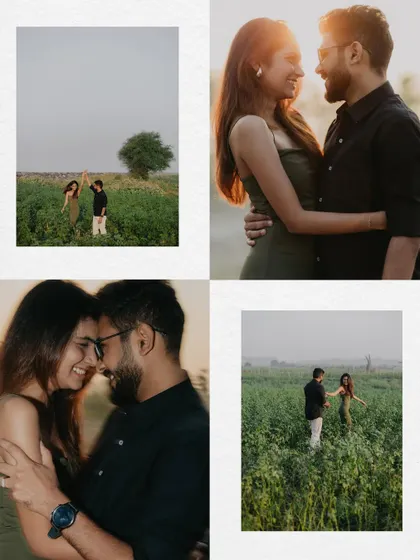 A collage of golden hour portraits in a beautiful green field. This collection captures the warm, romantic light of sunset and the easy, natural connection between the couple.