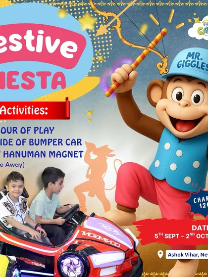 Another look at our super fun Festive Fiesta. Mr. Giggles is ready to celebrate with playtime, bumper cars, and creative crafts.