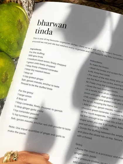 A beautifully laid out recipe for Bharwan Tinda in one of our custom cookbooks, complete with ingredients and instructions.