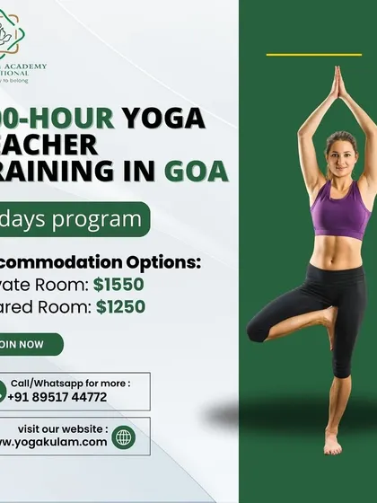 This poster for our 200-hour YTTC in Goa clearly presents the program duration and accommodation pricing for private and shared rooms, making it easy to plan your trip.