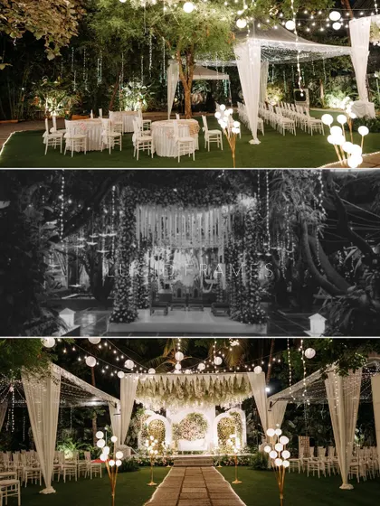 A collage showing the magical, fairy-lit decor of a nighttime garden wedding.