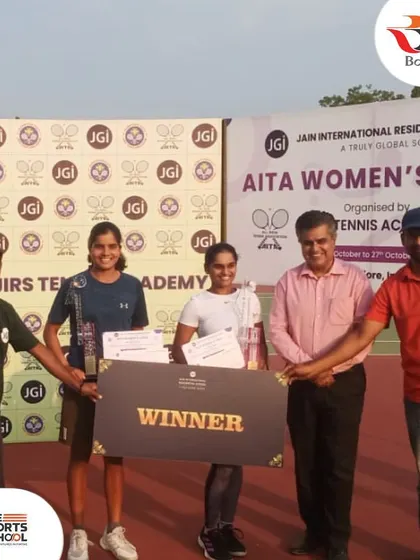 Double the glory! Suhita Maruri celebrating her singles and doubles victories at the Women's 1 Lac tournament in Bangalore.