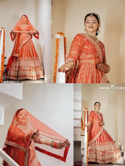 A collage showing the bride's graceful entry down a staircase, her red lehenga beautifully displayed.