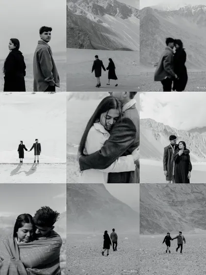 A collection of black and white images from Ladakh, showcasing the dramatic landscapes and the emotional connection of the couple. The monochrome tones add a timeless, classic feel.