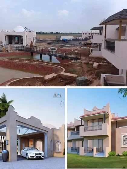 A collage showing the resort's central water body under construction, alongside renders of the entrance and suites. It highlights the progress of this unique hospitality project.
