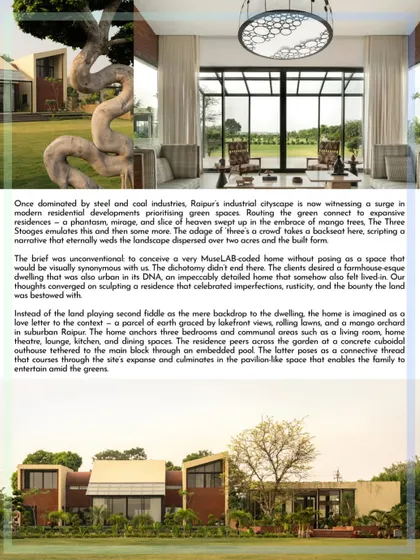 A page from The Architect's Hub Journal, with an article detailing the design concept behind the 'Three Stooges' project.