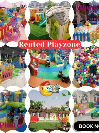 A collage of rented playzone options, including a large outdoor setup, a massive ball pit, and a cozy indoor area. This demonstrates the range of my services, suitable for any party size or location.