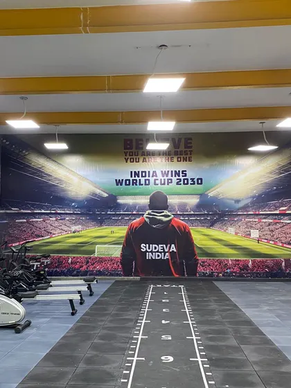This is where our mission is written on the walls. Our fully-equipped gym is designed to build elite athletes, with the dream of "India Wins World Cup 2030" motivating every single session.