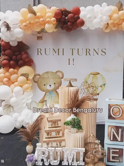 A boho-themed first birthday for baby Rumi. The earthy tones, pampas grass, and teddy bear prop create a warm and stylish celebration. We were so happy to decorate for this family again after doing their baby shower!