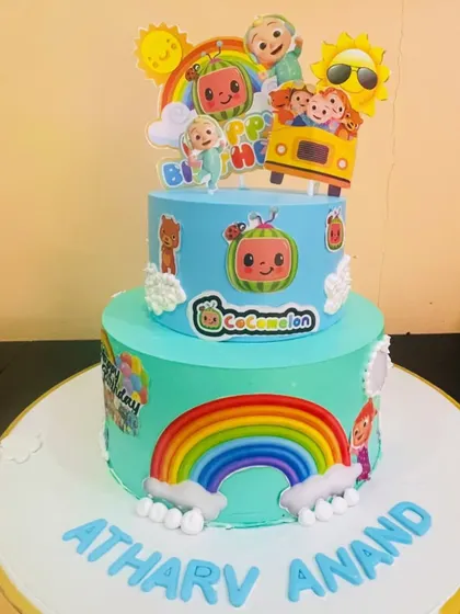 Another angle of our Cocomelon cake, showing the bright colors and fun details that make this design so beloved by our youngest clients.