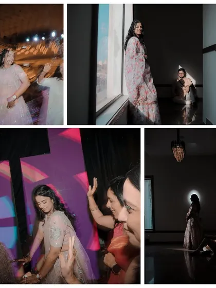 This collage captures the dynamic energy of the Sangeet night. It features candid shots of guests dancing with motion blur, contrasted with quiet, artistic portraits of the bride.