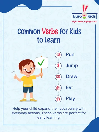 Run, jump, draw, eat, play. This infographic shows some of the common verbs I teach to help children expand their vocabulary with everyday actions, perfect for early language learning.