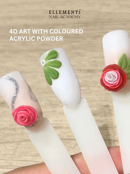 Student work showcase: Intricate 4D floral art created with colored acrylic powder. This highlights the creative and advanced skills our students develop.