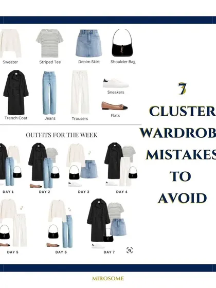 A visual example of how to avoid common cluster wardrobe mistakes. See how a few versatile pieces can create a full week of stylish and unique outfits.