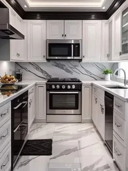 A classic U-shaped kitchen with white shaker-style cabinets and a contrasting black and white marble-patterned floor and backsplash. This design combines traditional elements with modern appliances for a timeless appeal.