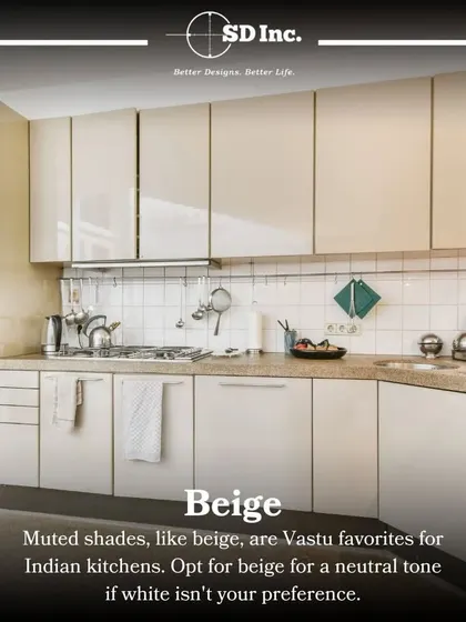 For those who find white too stark, beige is an excellent Vastu-approved neutral for Indian kitchens. It provides a warm, calming, and sophisticated backdrop.