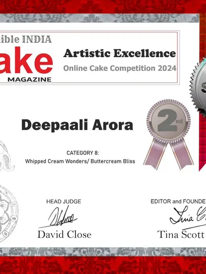 I am honored to be recognized for my craft. This certificate marks my achievement as a Silver award winner in a global cake competition, specifically for my work with whipped cream. It's a validation of the passion and dedication I pour into every cake.