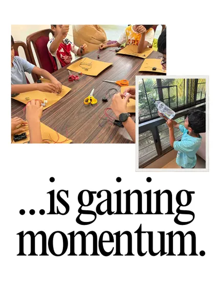This collage captures the momentum of our workshops. On one side, students are deep in concentration building circuits, and on the other, a child tests a project. This is learning in motion.