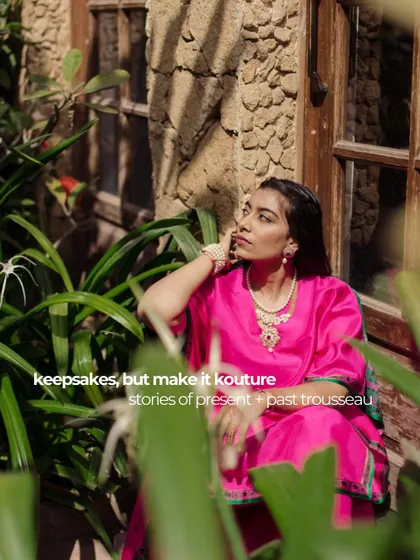 Keepsakes, but make it kouture. A pensive shot of our co-founder in her reimagined heirloom outfit, a story of past and present trousseaus.