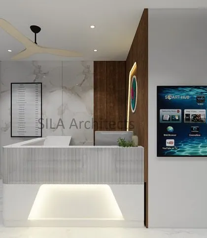 The reception and waiting area concept for a hospital project. We designed this space to be welcoming and efficient, with clear signage, comfortable seating, and a modern aesthetic.