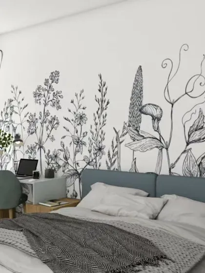 A creative bedroom concept from a 3D render, featuring a hand-drawn floral mural behind the bed that extends over a small, integrated study desk.