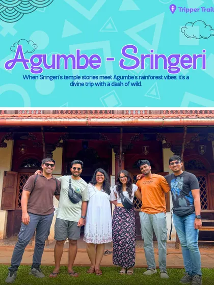 When Sringeri's temple stories meet Agumbe's rainforest vibes, it is a divine trip with a dash of wild. This is our crew outside a traditional house, ready to explore the blend of spirituality and nature.