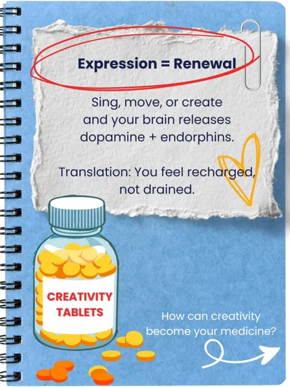 Creative expression is renewal. When you sing, move, or create, your brain releases dopamine and endorphins, making you feel recharged, not drained. Creativity can be your medicine.