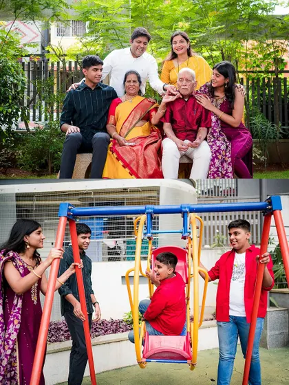 A collage showing a multi-generational family posing for a portrait and then having fun on a swing set. We capture both the posed and the playful moments.