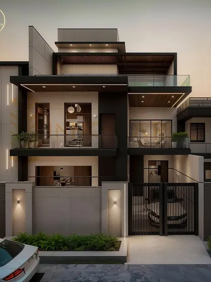 A preview of our upcoming modern luxury villa in Gwalior. This design emphasizes clean lines, a bold contrast of black and white materials, and large glass windows to create a sense of open, light-filled living. The strategic use of wood accents and integrated lighting adds warmth and sophistication.