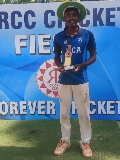 Dhyan S Gowda awarded Man of the Match for his performance in a dominant 238-run victory in the RRCC Cup U-16.
