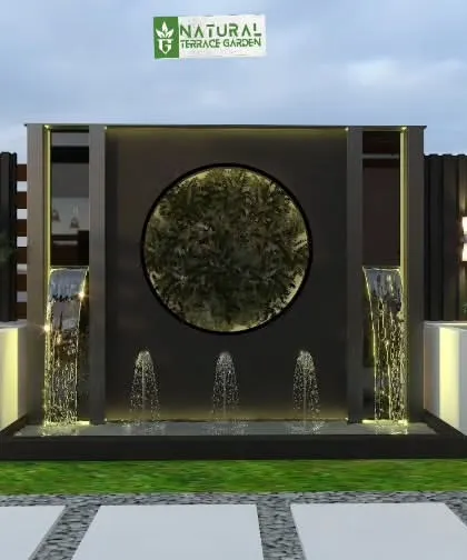 A grand water feature design with multiple spouts and a central circular element. The fountain is flanked by planters with integrated bench seating.