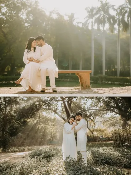 A serene and classic portrait of a couple sharing a quiet moment in a sun-drenched park. Dressed in elegant white, their connection is the focus, showcasing a timeless and simple pre-wedding style.