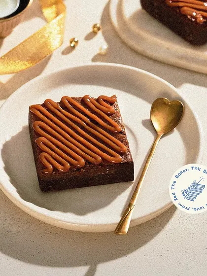 My Dulce de Leche Brownie, decorated with fine lines of caramel, presented as part of my Diwali festive collection.
