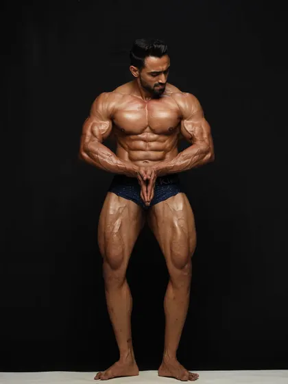Back in the race, ready to compete. This photo captures the focus and determination needed for a bodybuilding show.