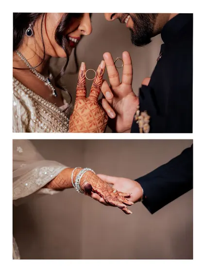A close-up collage focusing on the newly exchanged engagement rings and the couple holding hands, symbolizing their official union.