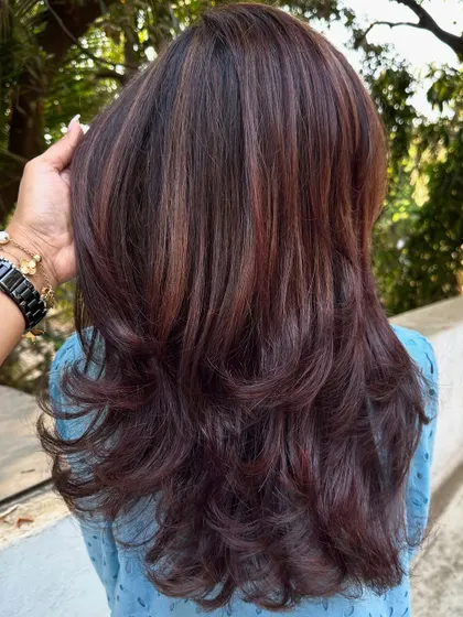 A beautiful blend of 'Mahogany + Plum'. The deep red and purple tones create a stunning, jewel-toned effect.