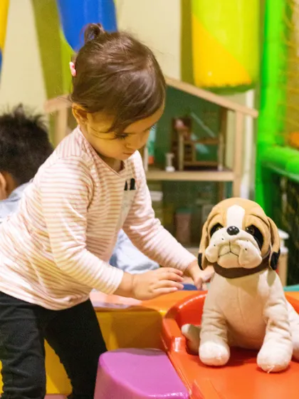 A girl and her furry best friend exploring the soft play area. We have plenty of plush toys for cuddles and imaginative adventures.