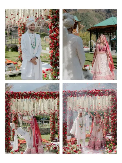 A collage of moments from an intimate mountain wedding, from the groom's anticipation to the couple's joyful celebration under a floral arch.