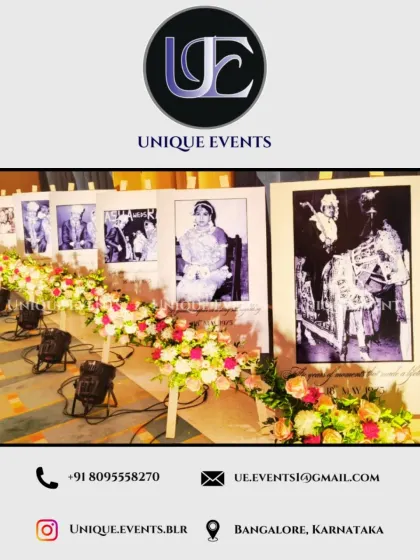 One of my signature offerings for anniversaries is the 'Memory Lane' concept. I create a beautiful gallery display of your cherished photographs, professionally lit and accented with floral decor, allowing guests to walk through your story.