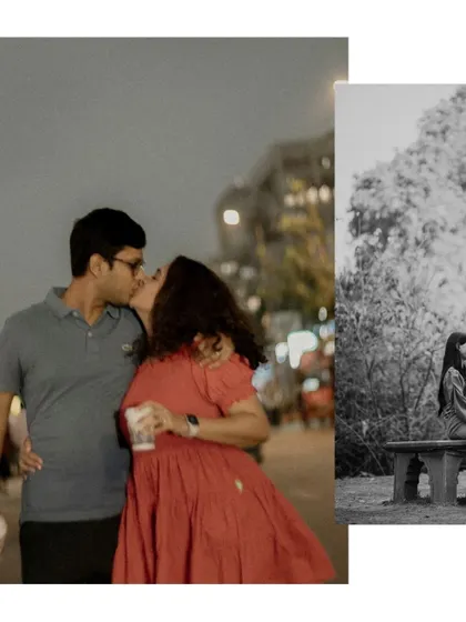 A collage showing a couple kissing on a city street at night, contrasted with a quiet, solitary moment on a park bench.