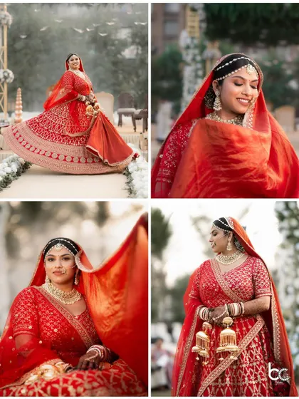 A collection of stunning bridal portraits in a classic red lehenga, capturing the bride's elegance and joy on her wedding day.