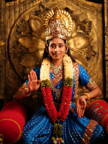 A close-up of the Devi costume, showing the detailed crown, jewelry, and serene expression, perfect for religious events or themed photoshoots.