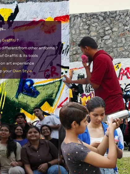 This image highlights the key takeaways from my workshops. We cover the theory, like what graffiti is and its tools, but the main focus is always the hands-on experience where you get to develop your own style on a real wall.