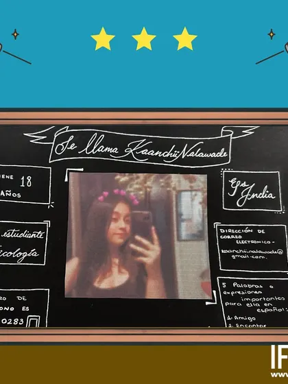 An example of a student's creative portfolio, designed like a chalkboard profile. This task helps them practice introducing themselves in Spanish.